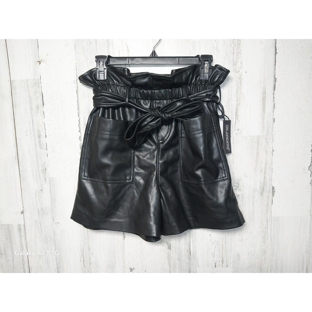 BLANKNYC Womens Vegan Leather Paperbag Self Belted Trendy Shorts, Obsidian, 27
